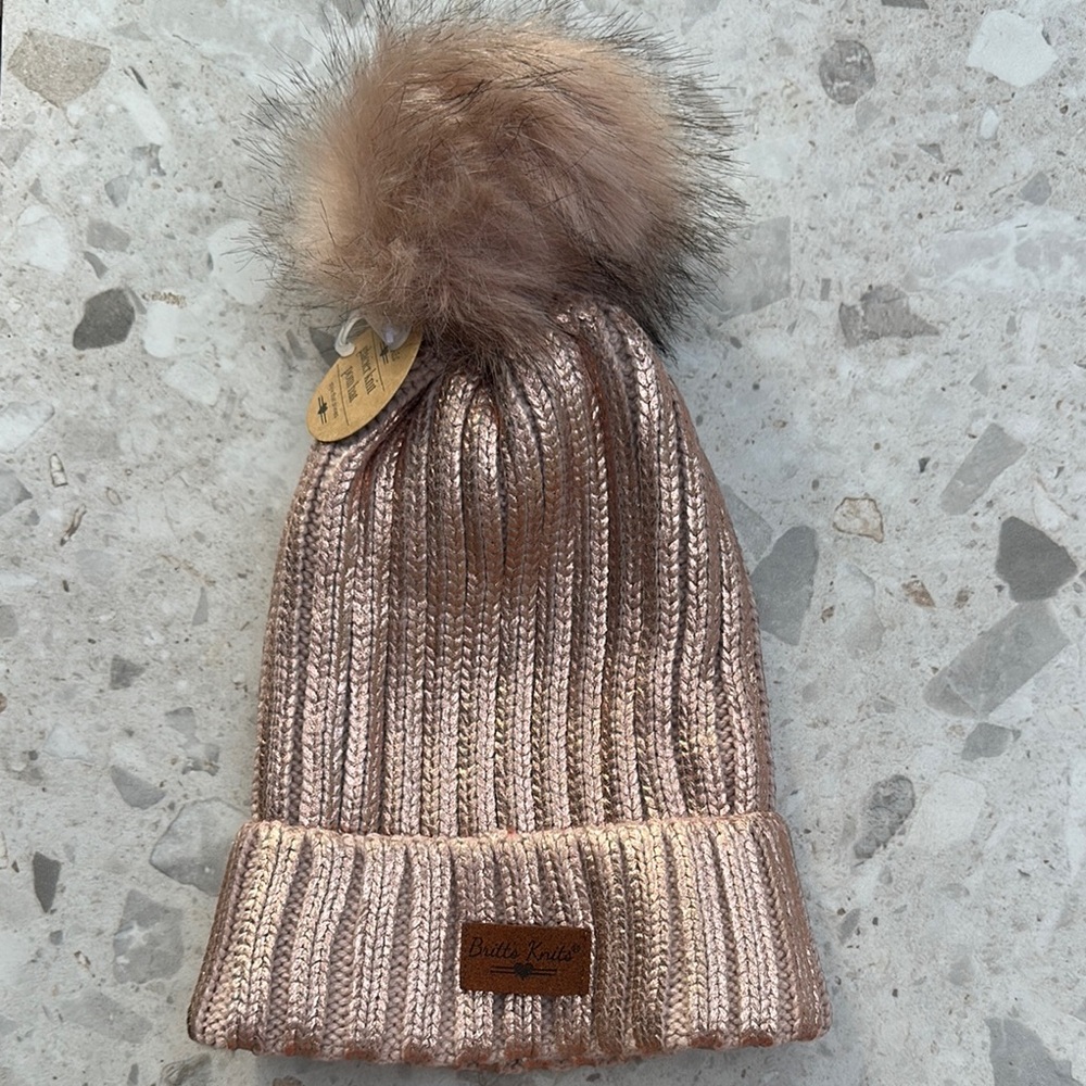 Metallic Knit Beanie with Faux Fur Pom